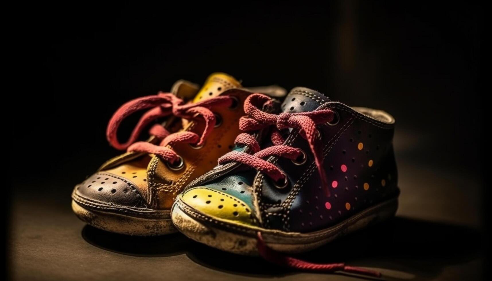 Yellow leather sports shoe undone, walking on dark background generated by AI photo