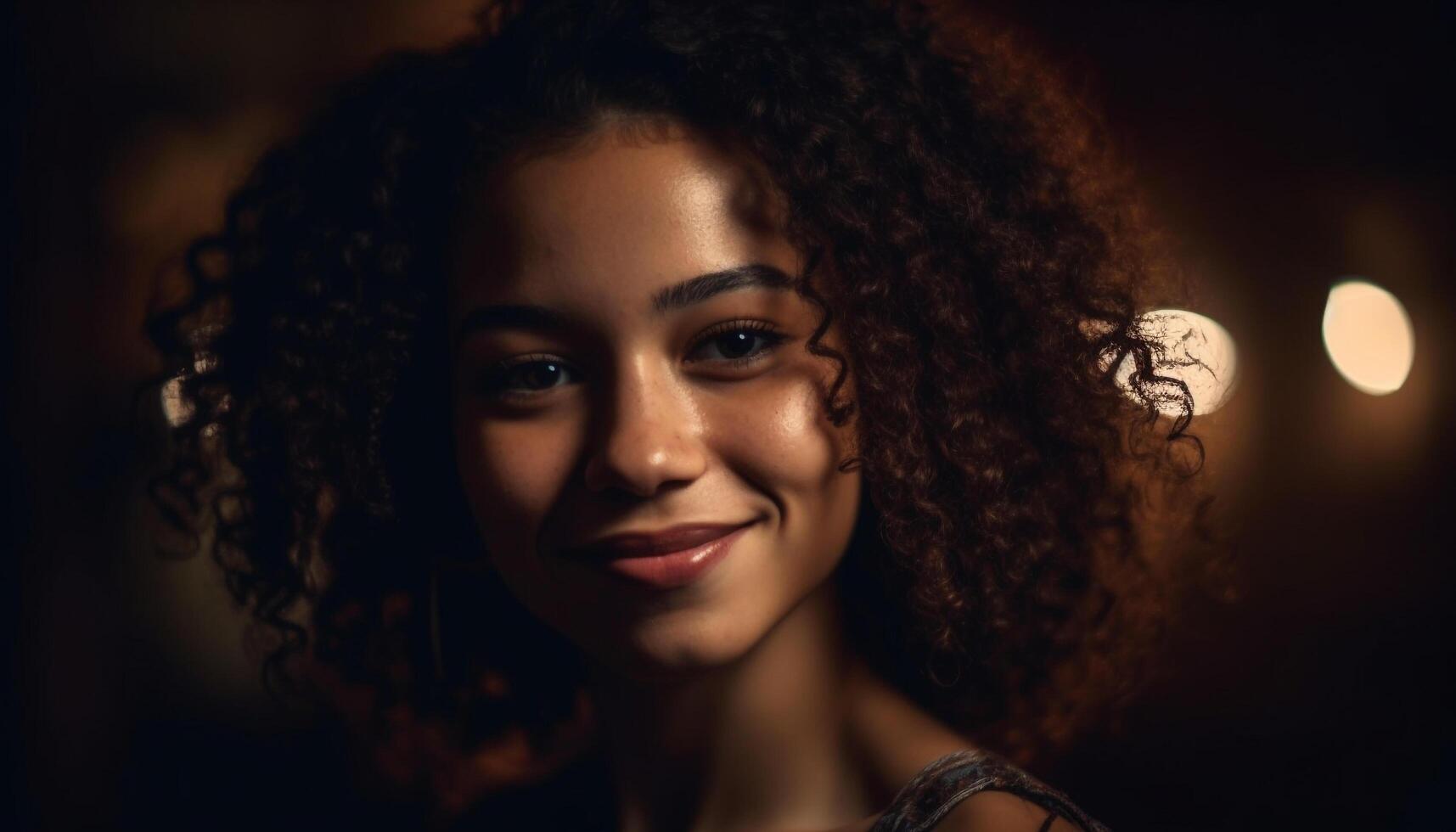 Beautiful young women with curly brown hair smiling at camera generated by AI photo