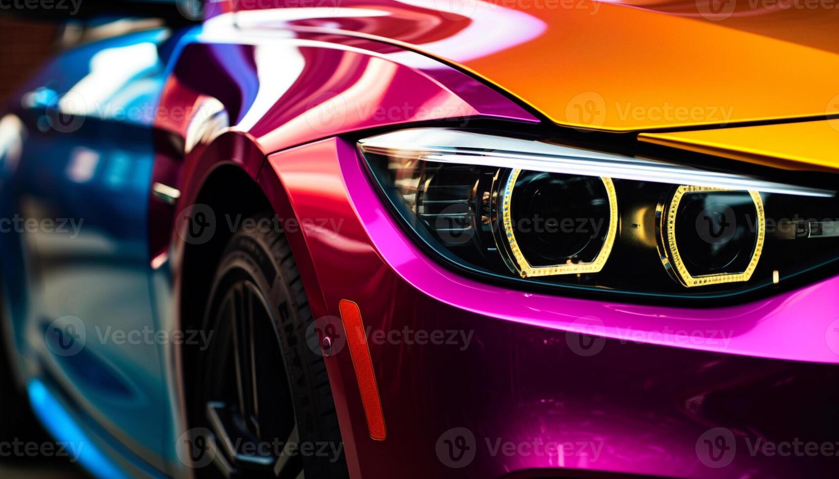 Smooth metallic sports car with vibrant multi colored alloy wheels generated by AI photo