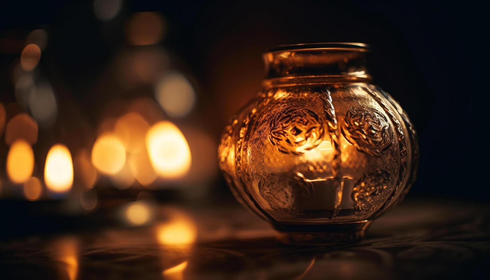 Candlelight illuminates the glowing whiskey bottle on the dark table generated by AI photo