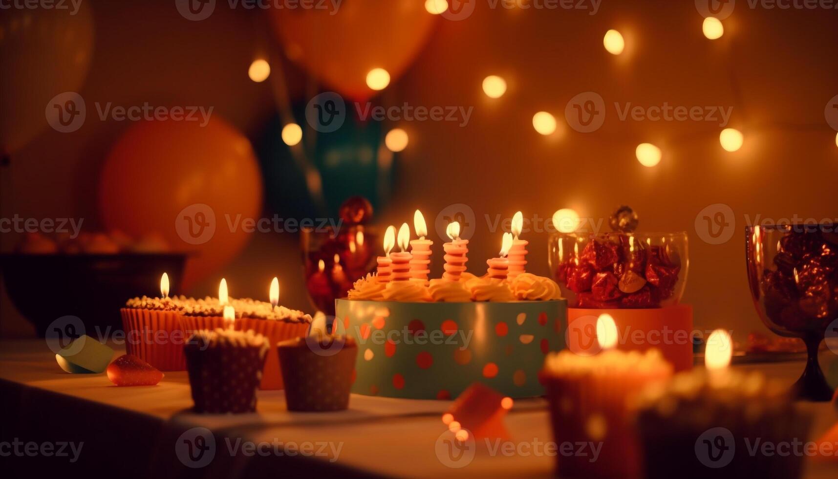 cumpleaños celebracion con brillante luz de una vela, dulce postre y elegante decoración generado por ai foto