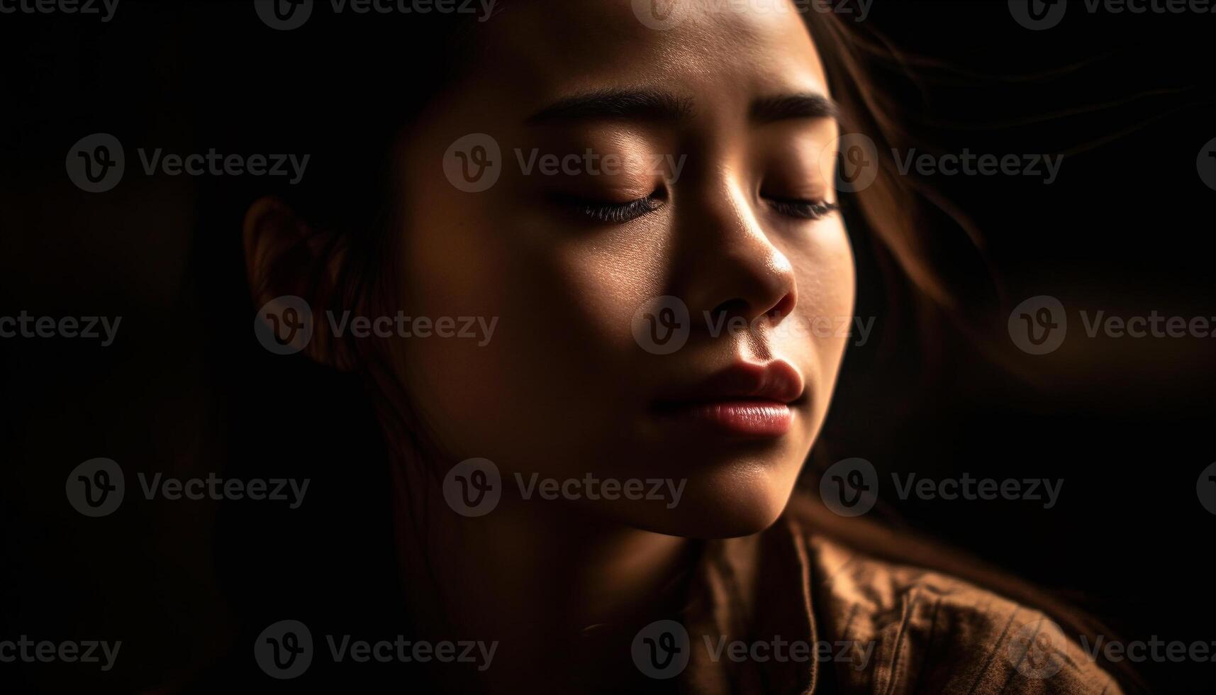 One young woman sensuality in close up looking at dark grief generated by AI photo