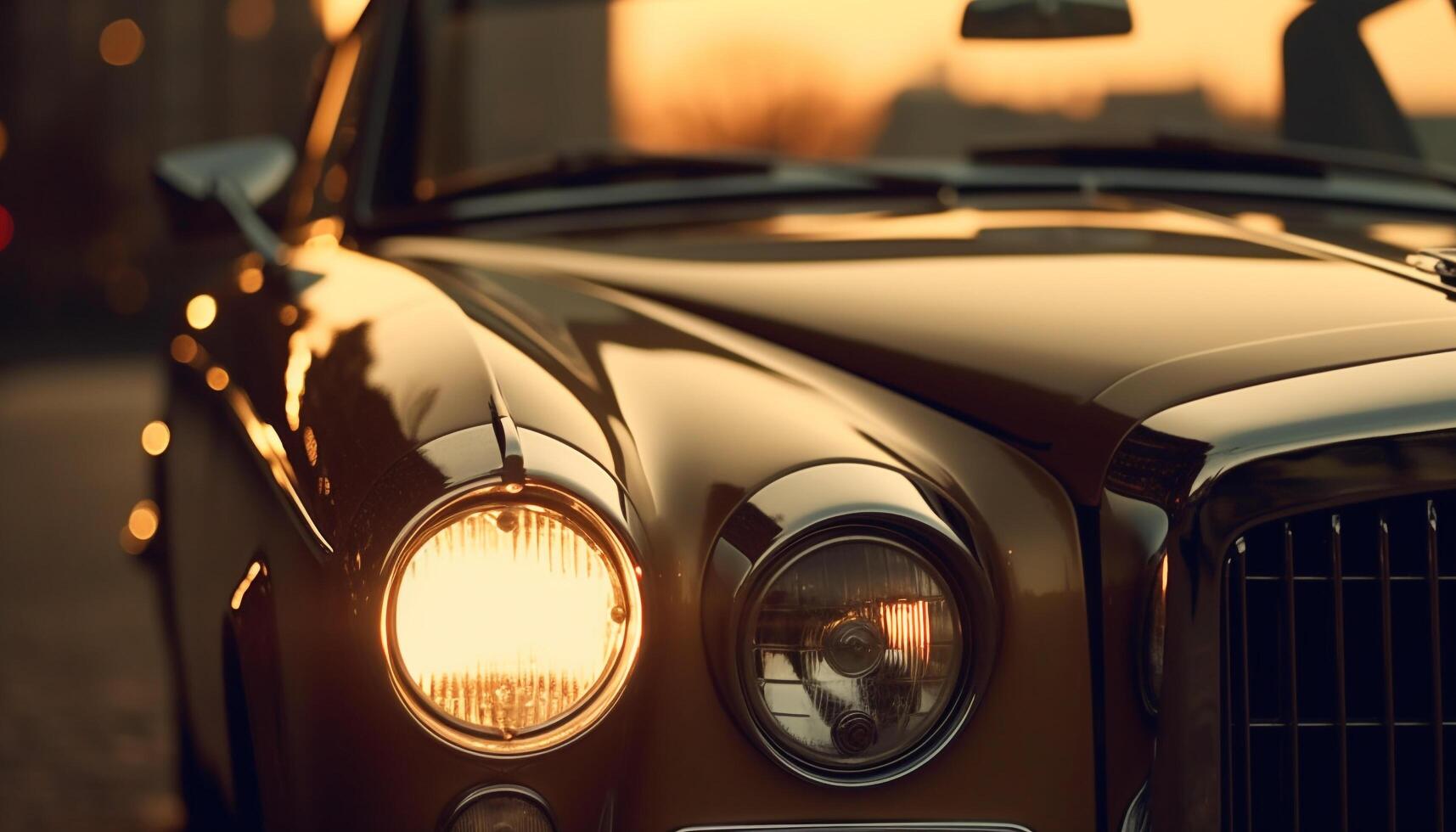 Vintage car chrome grille shines in the sunset golden light generated by AI photo