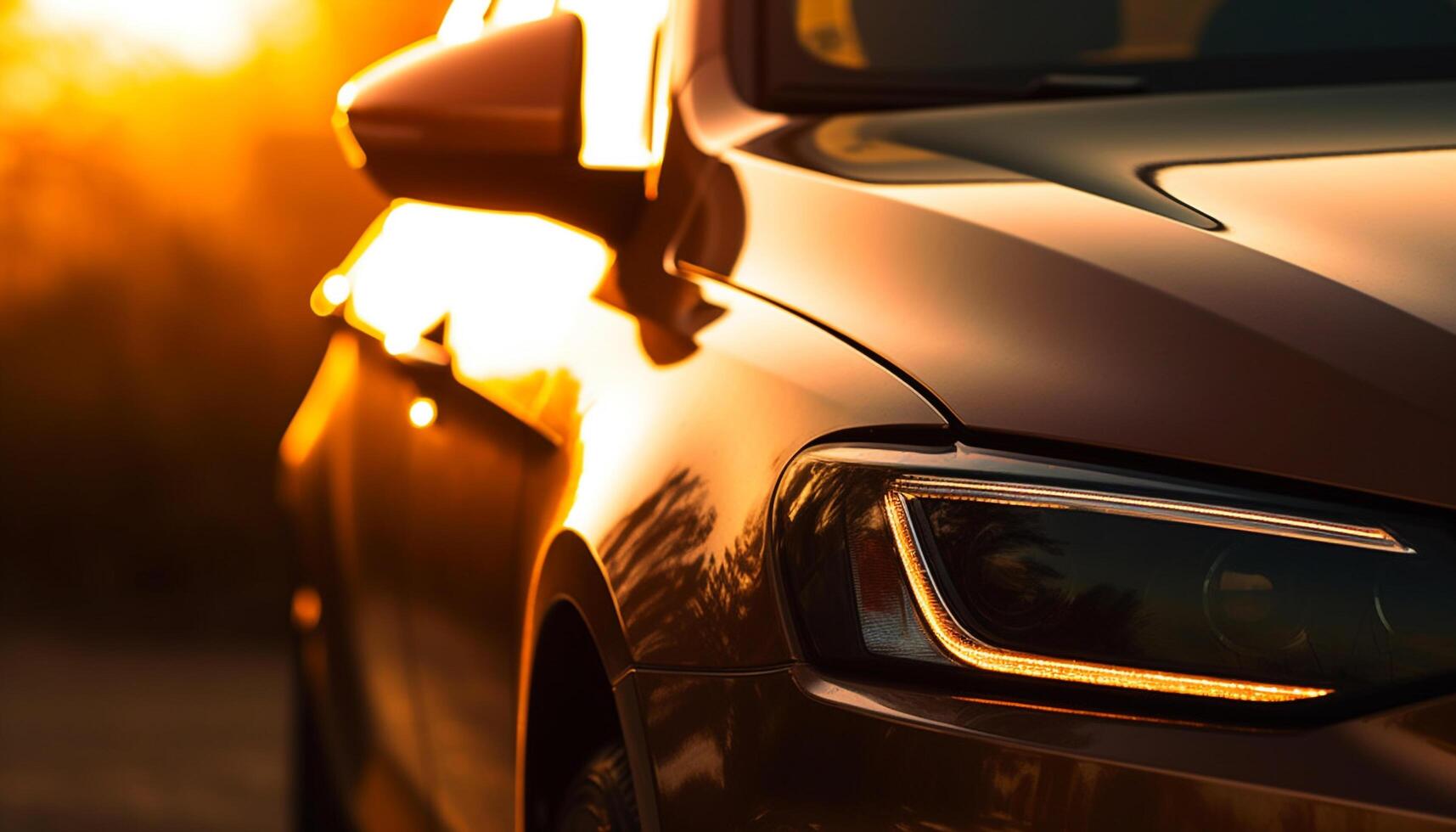 Shiny sports car driving on asphalt at dusk, illuminated by headlights generated by AI photo