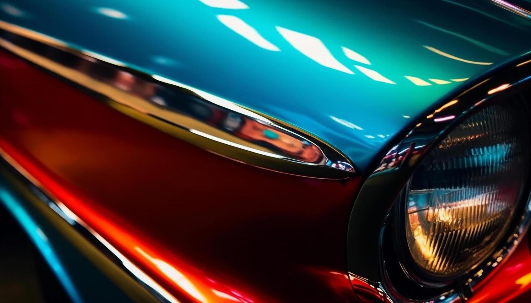 Shiny blue sports car with chrome bumper driving outdoors at night generated by AI photo