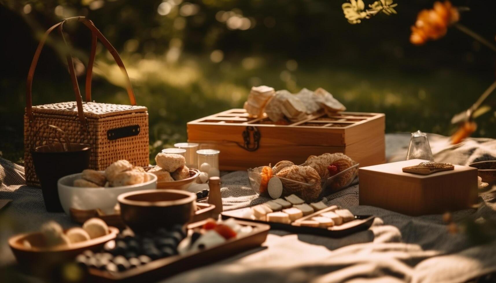 Rustic picnic table set with homemade sweet snacks and fruit generated by AI photo