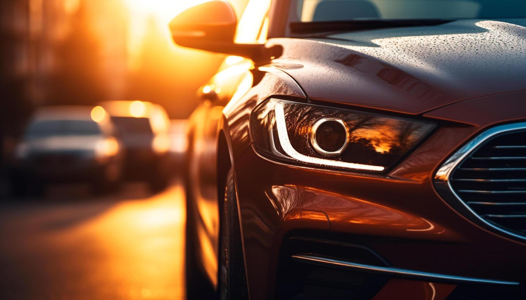 Shiny sports car speeds through city traffic at dusk generated by AI photo