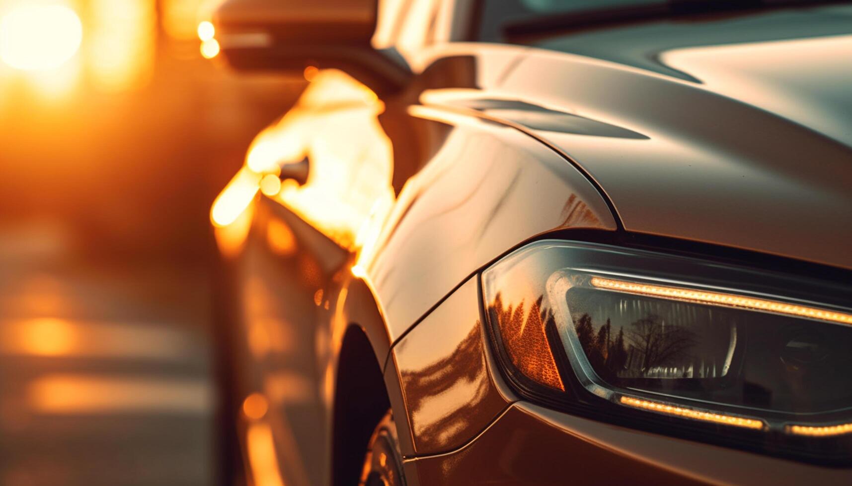 Luxury sports car driving through vibrant city traffic at dusk generated by AI photo