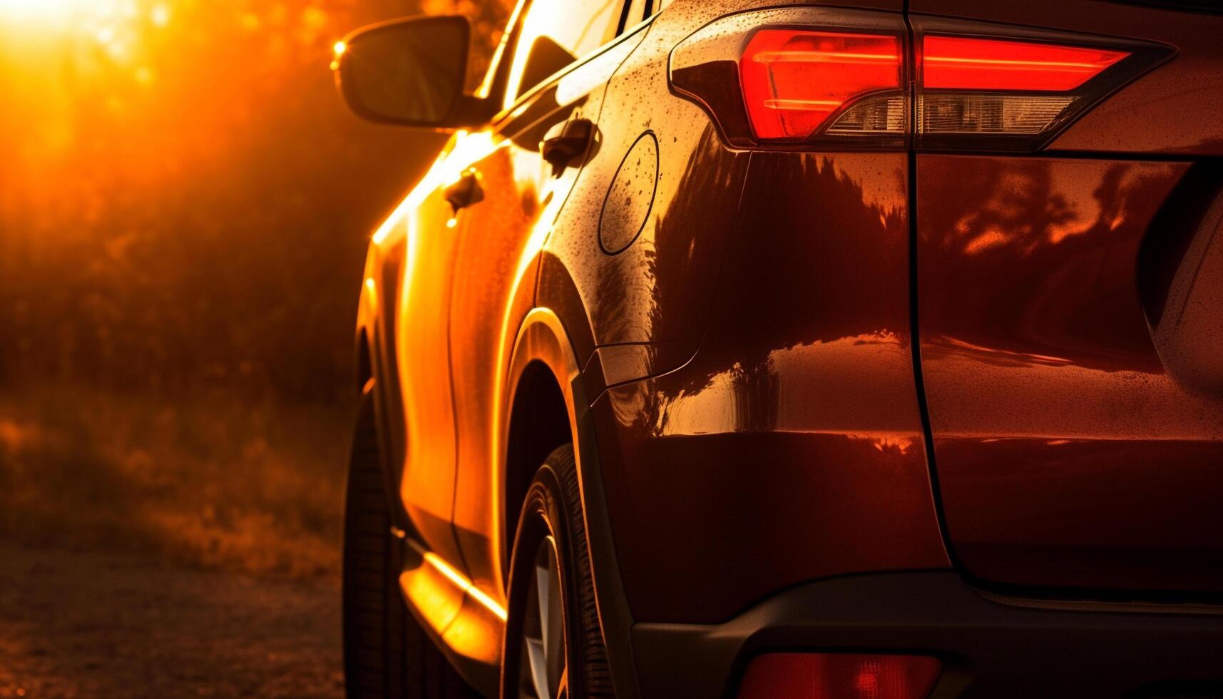 Shiny yellow sports car speeds through city traffic at dusk generated by AI photo