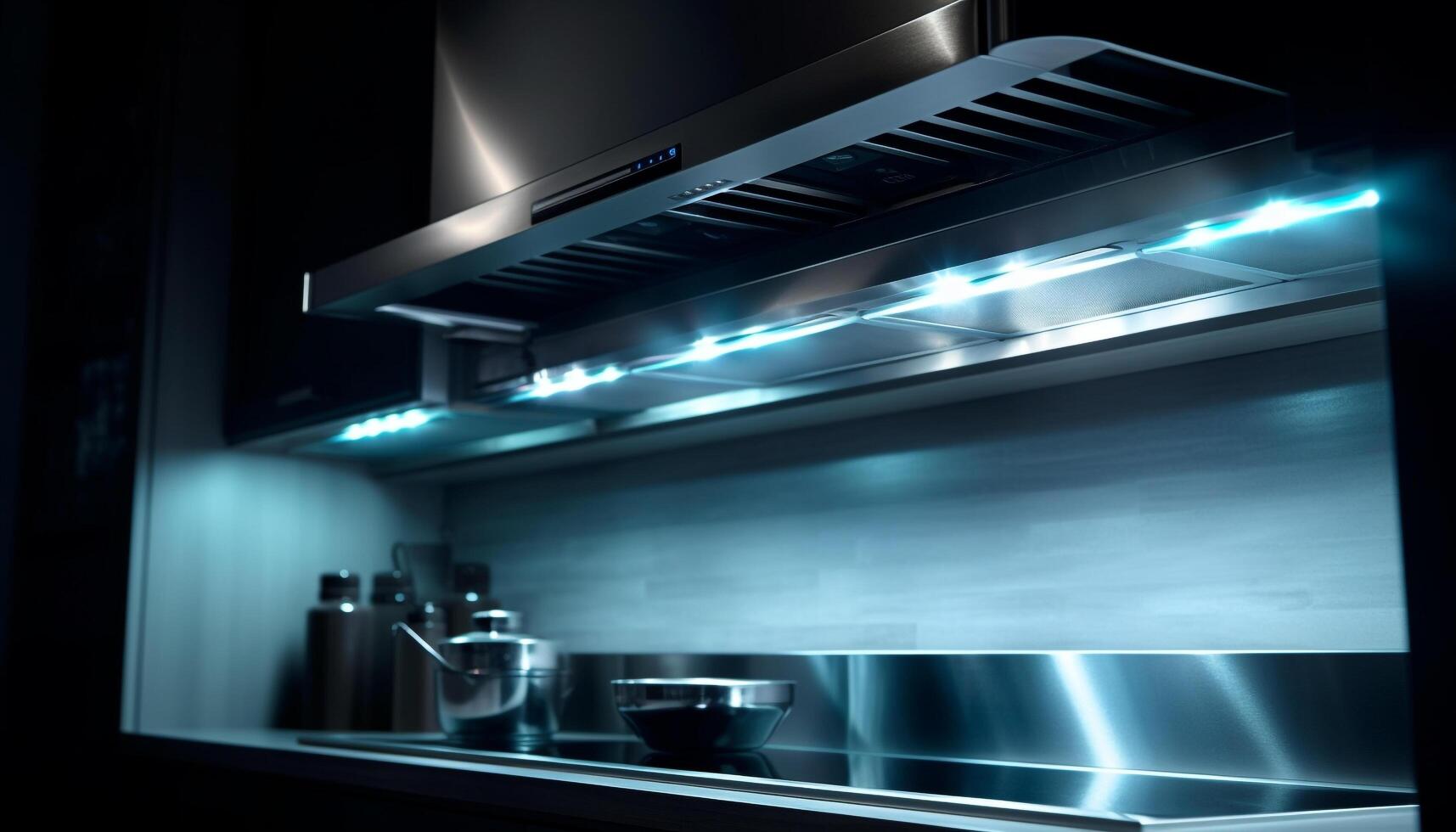 Modern stainless steel kitchen with shiny equipment and bright lighting generated by AI photo