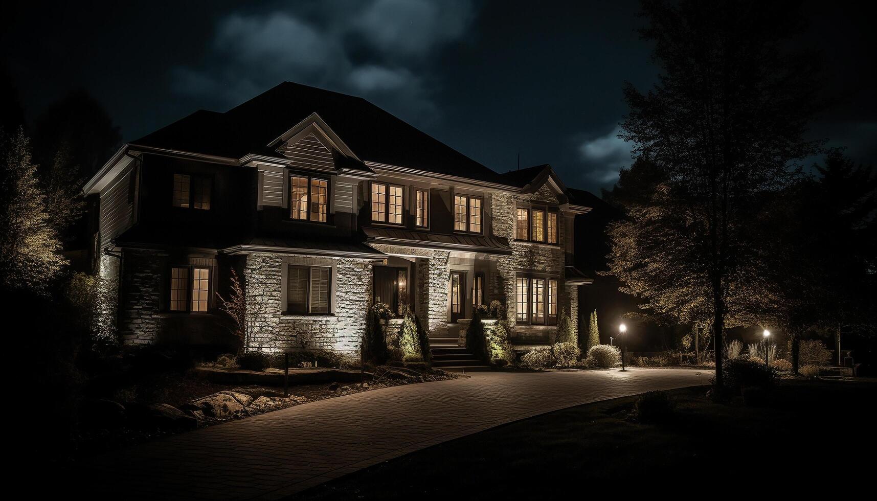 Spooky modern architecture illuminates dark suburban landscape with lantern lighting generated by AI photo