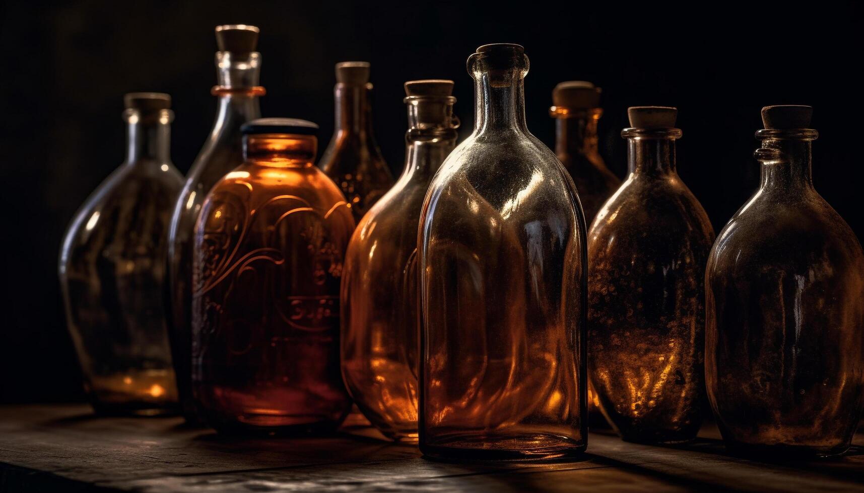 Variation of old fashioned whiskey bottles on wooden table, wet reflection generated by AI photo