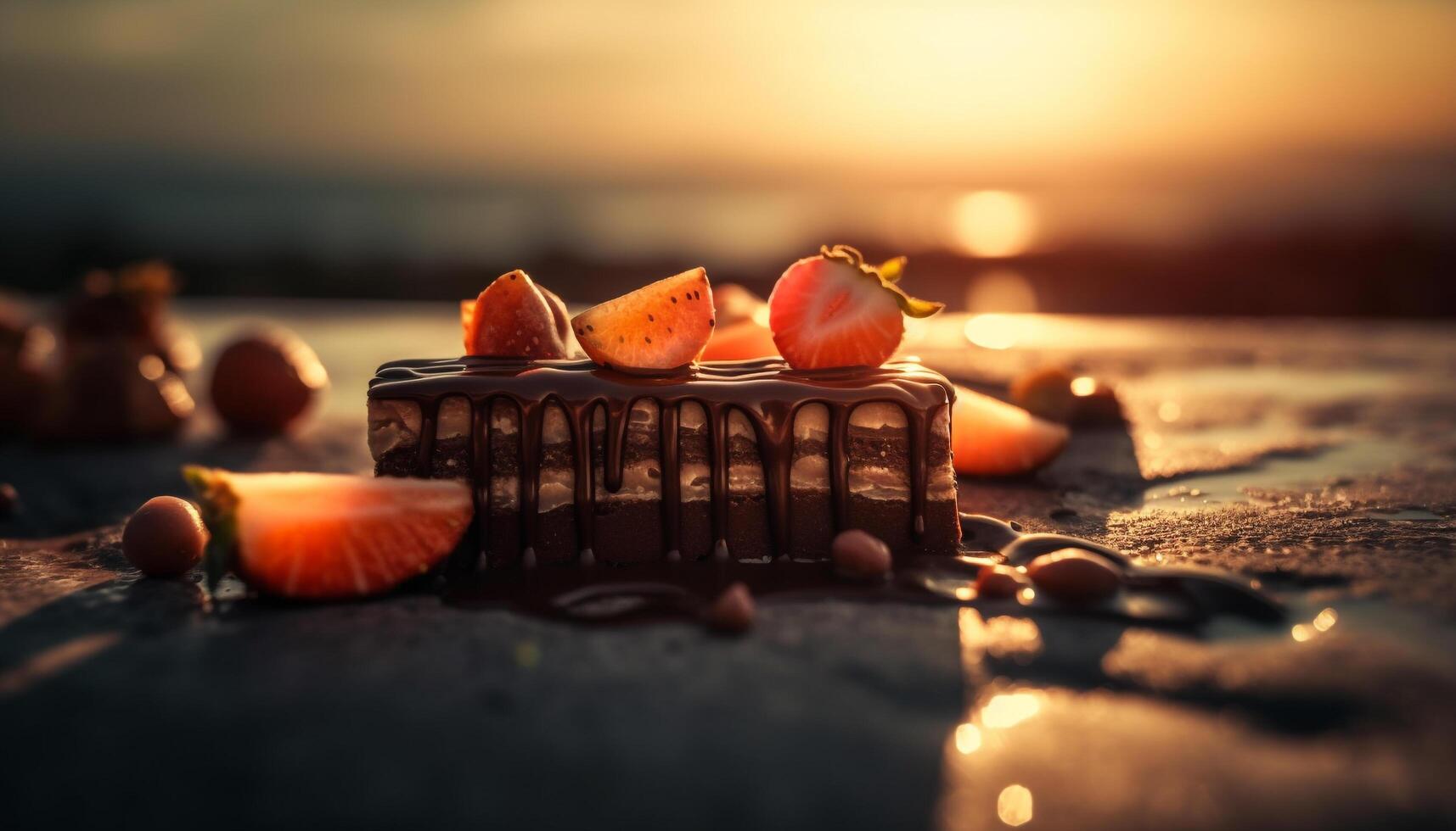 indulgente hecho en casa chocolate frambuesa postre en verano al aire libre mesa generado por ai foto
