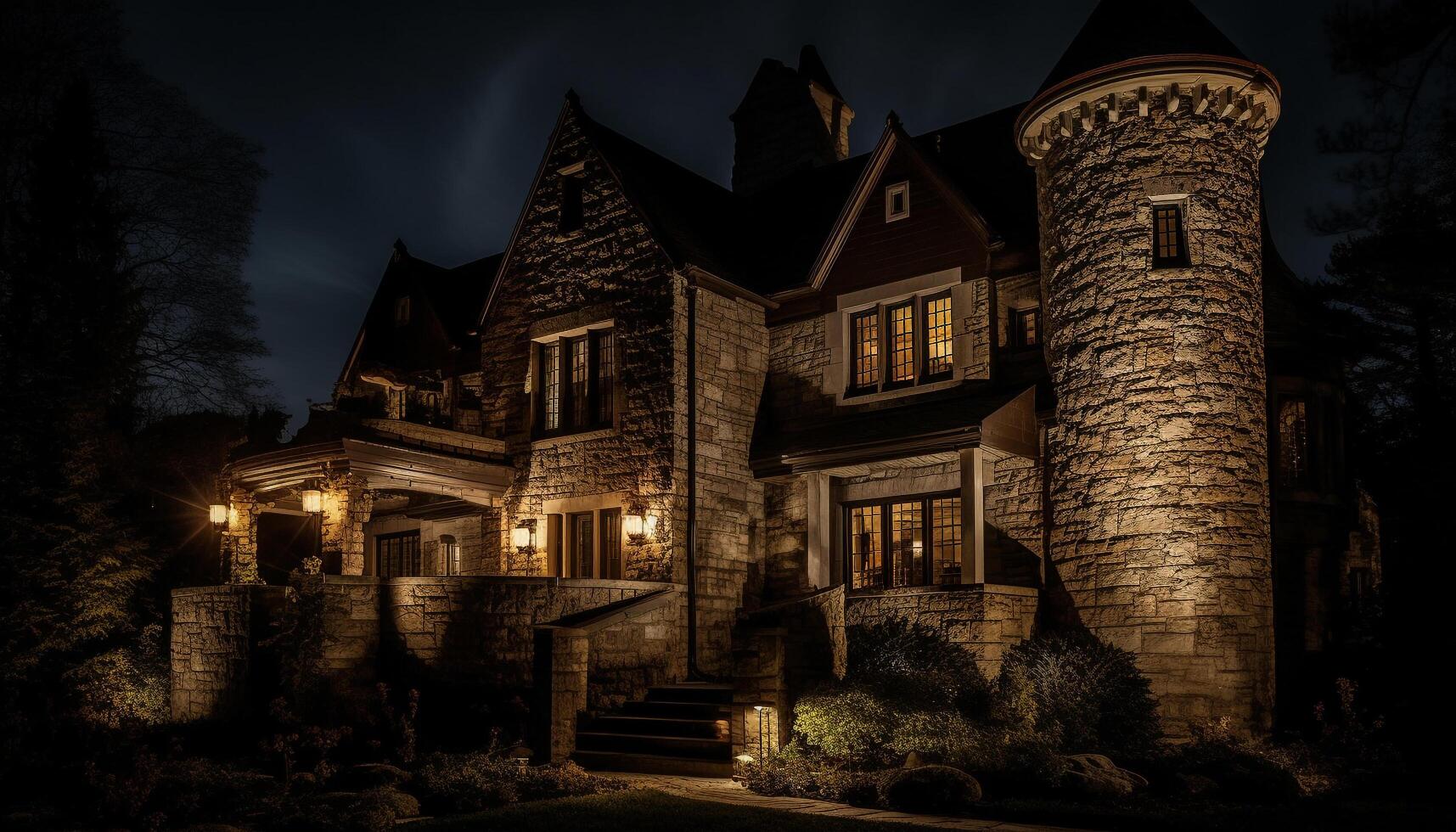 Old fashioned cottage illuminated by lantern in spooky twilight forest generated by AI photo