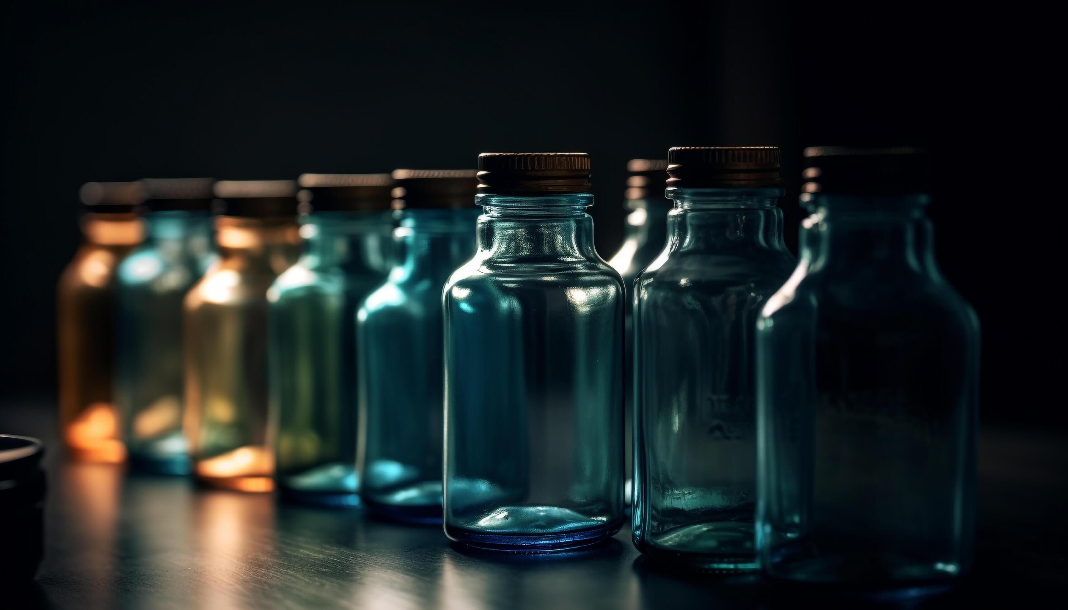 Transparent glass container with blue liquid medicine and capsule