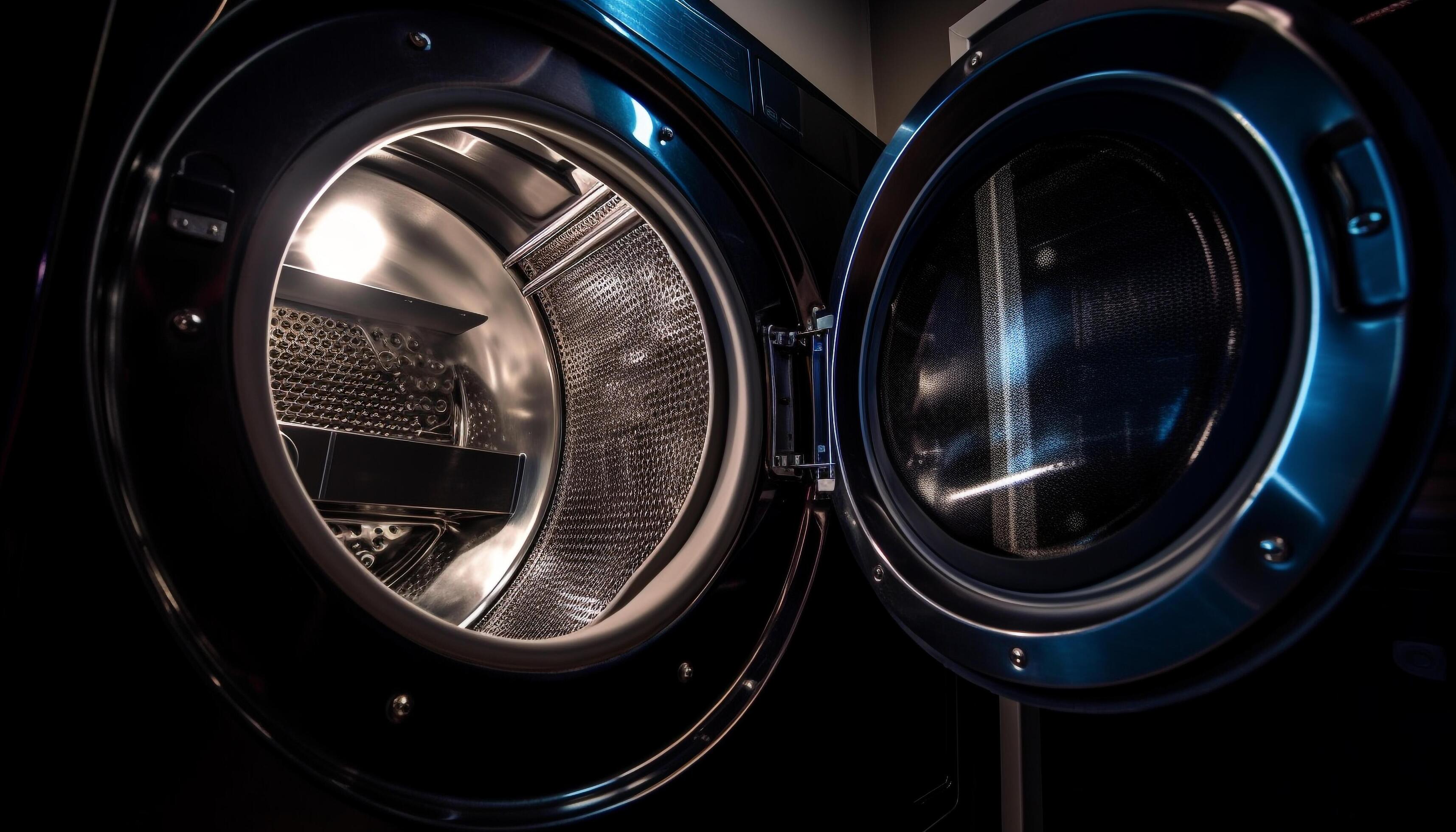 Modern washing machine spins metallic clothing in clean laundromat