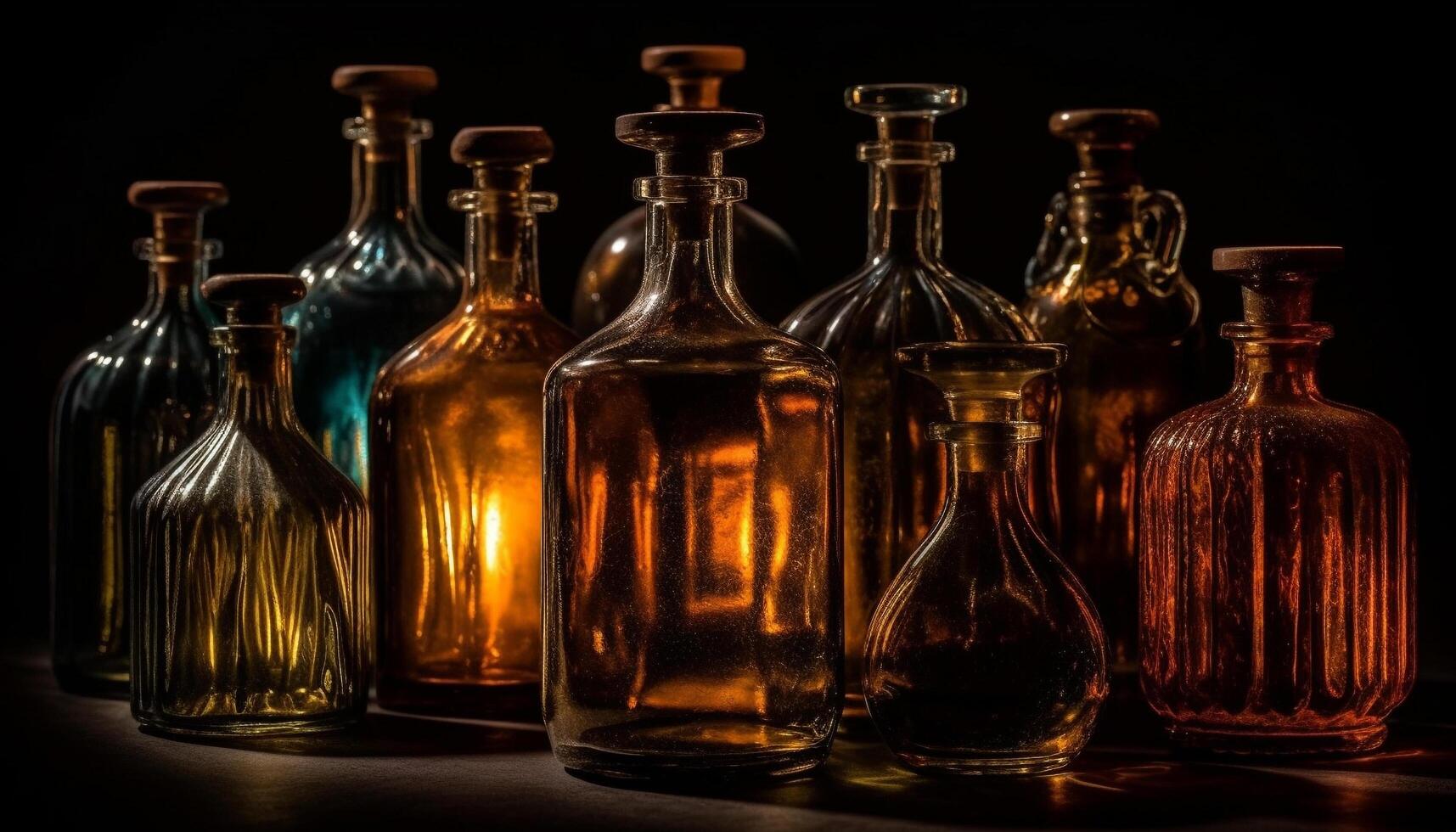 Luxury whiskey bottle on black background with reflection and glass generated by AI photo