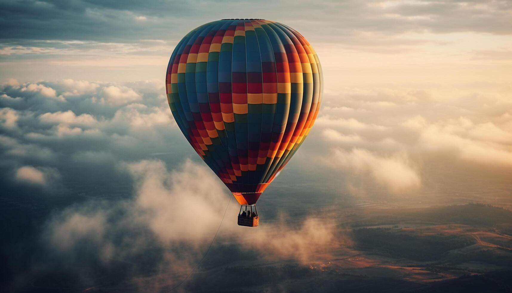 Hot air balloon gliding high up in the blue sky generated by AI photo
