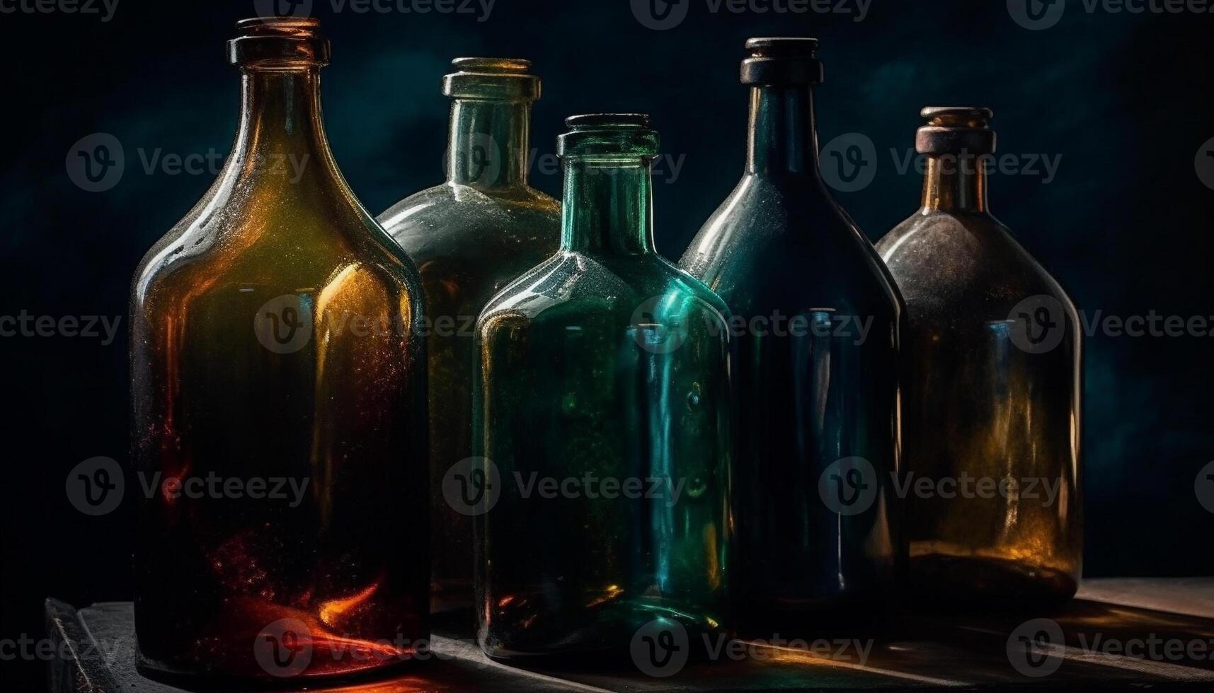 Variation of luxury alcohol collection on wooden table, studio shot generated by AI photo