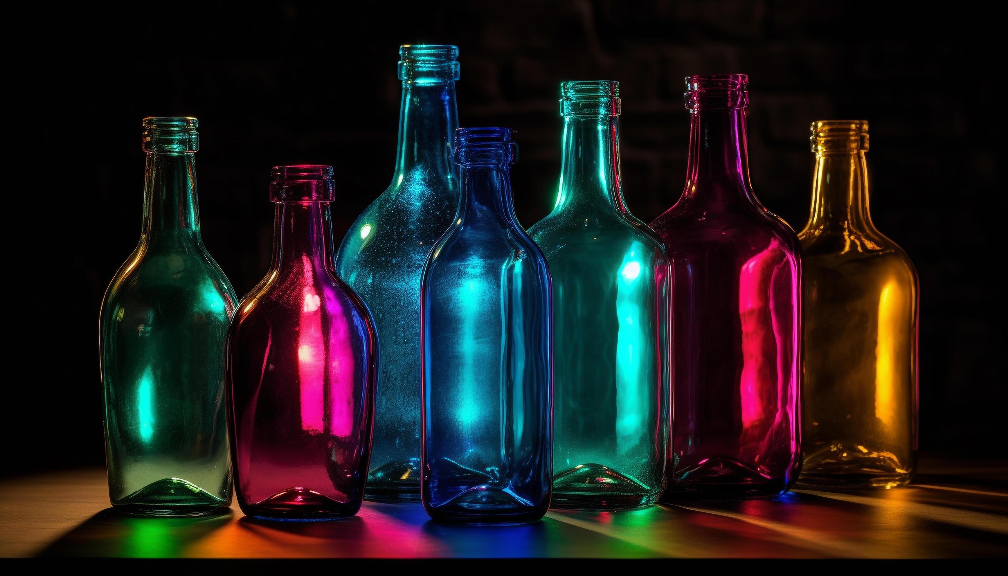 Multi colored glass bottles with alcohol liquid in vibrant colors