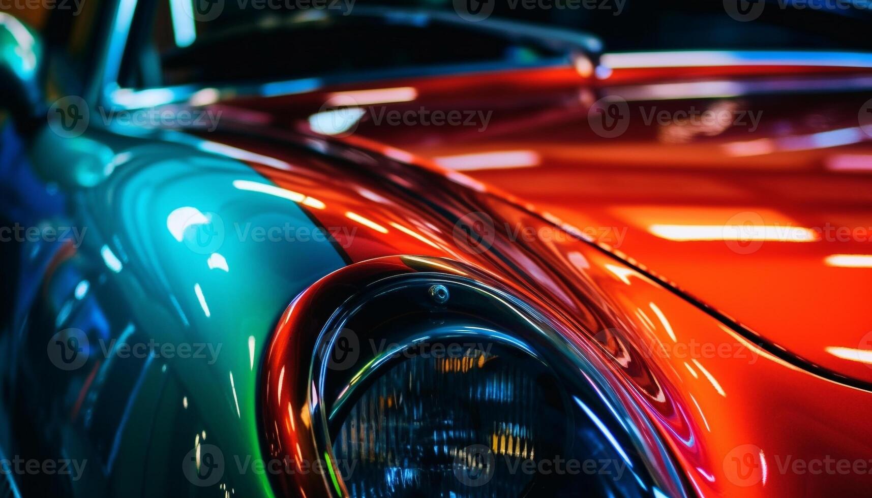 Shiny sports car speeds through illuminated city streets at night generated by AI photo