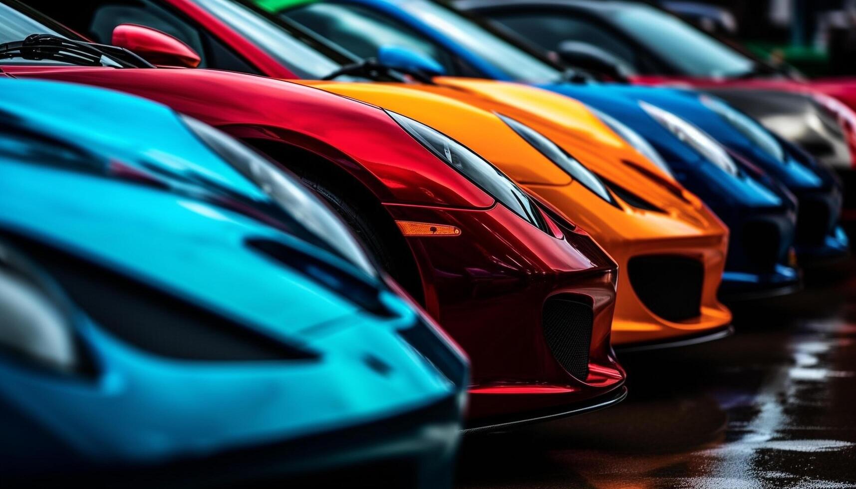 moderno Deportes coche estacionado en un fila en brillante metal lote generado por ai foto