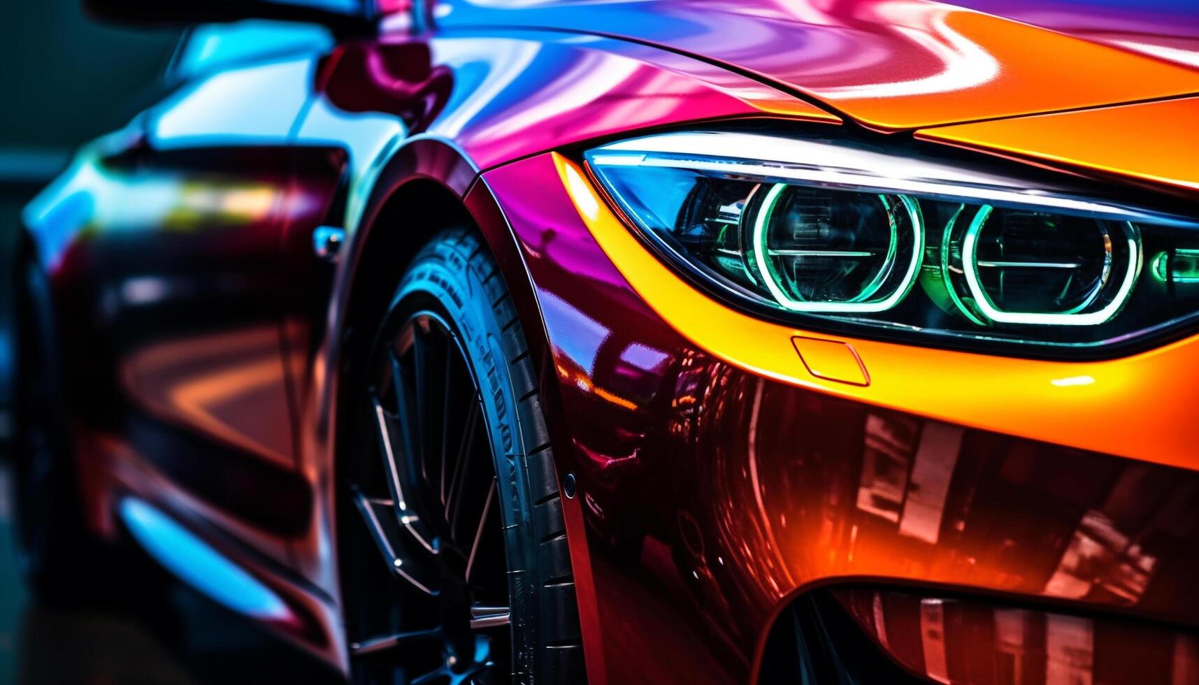 Shiny sports car with modern design, illuminated by bright headlights generated by AI photo