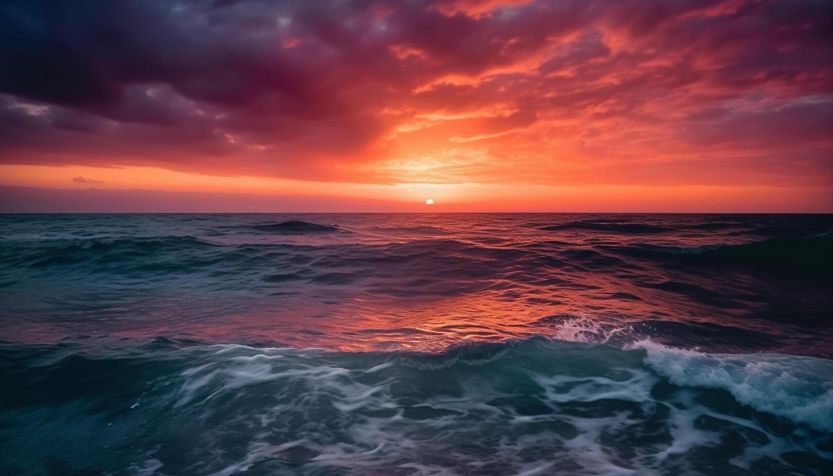 tranquilo puesta de sol terminado azul aguas, dramático cielo refleja belleza en naturaleza generado por ai foto