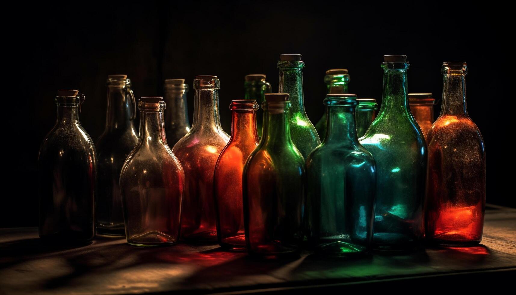 Multi colored glass bottle reflects green and yellow whiskey celebration generated by AI photo