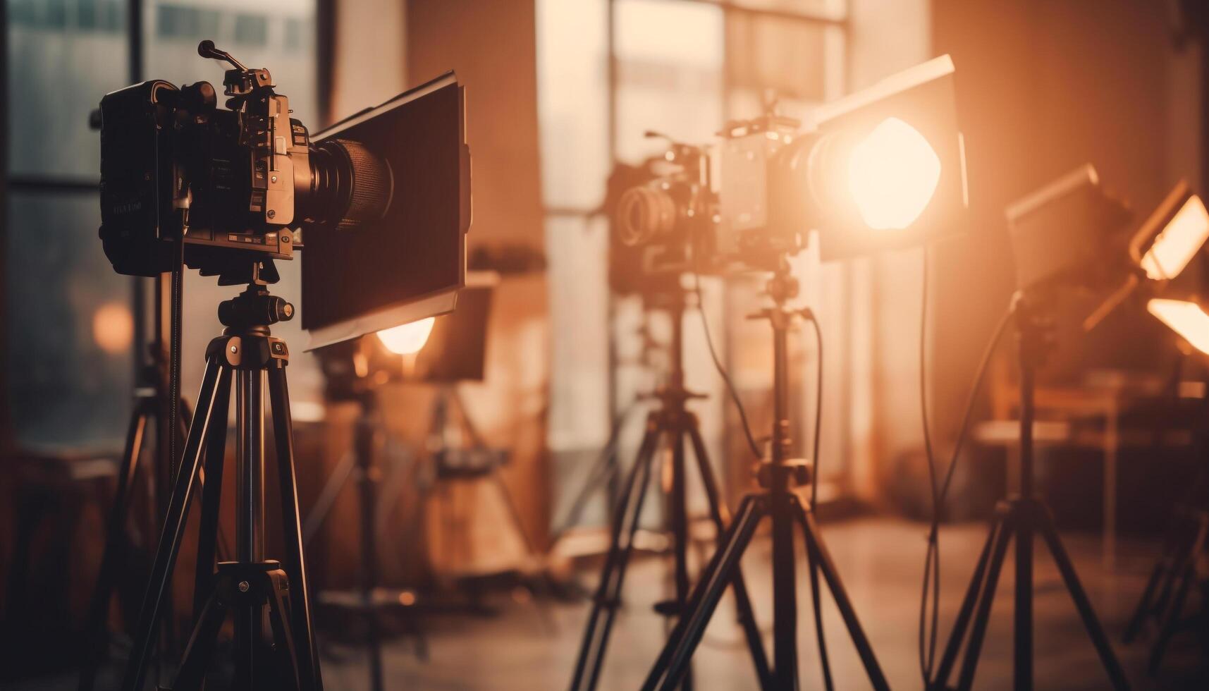 Modern studio shot with bright spotlight illuminating camera equipment generated by AI photo