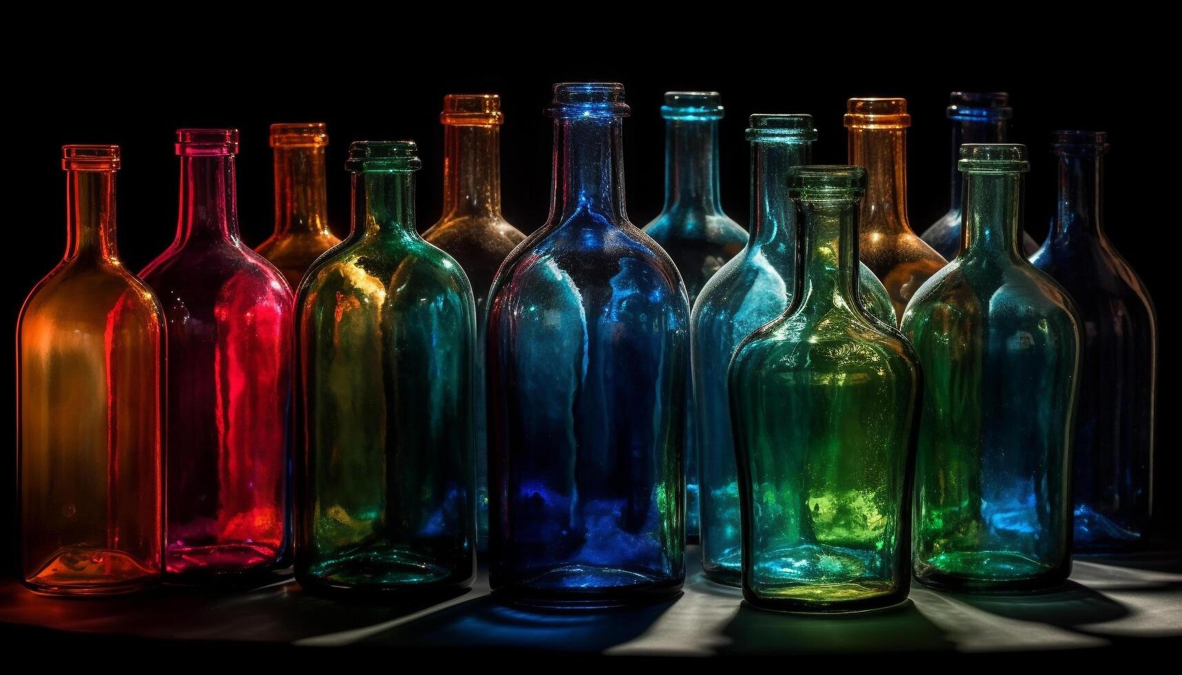 vibrante de colores botellas en un fila, reflejando un limpiar diseño generado por ai foto