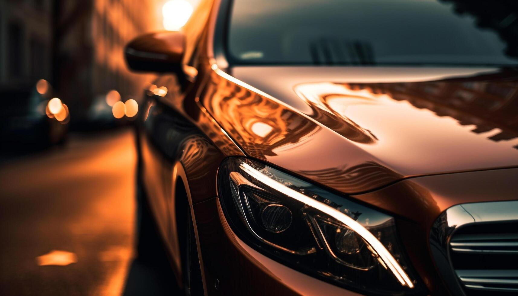 A vibrant sports car glows in the dusk cityscape generated by AI photo