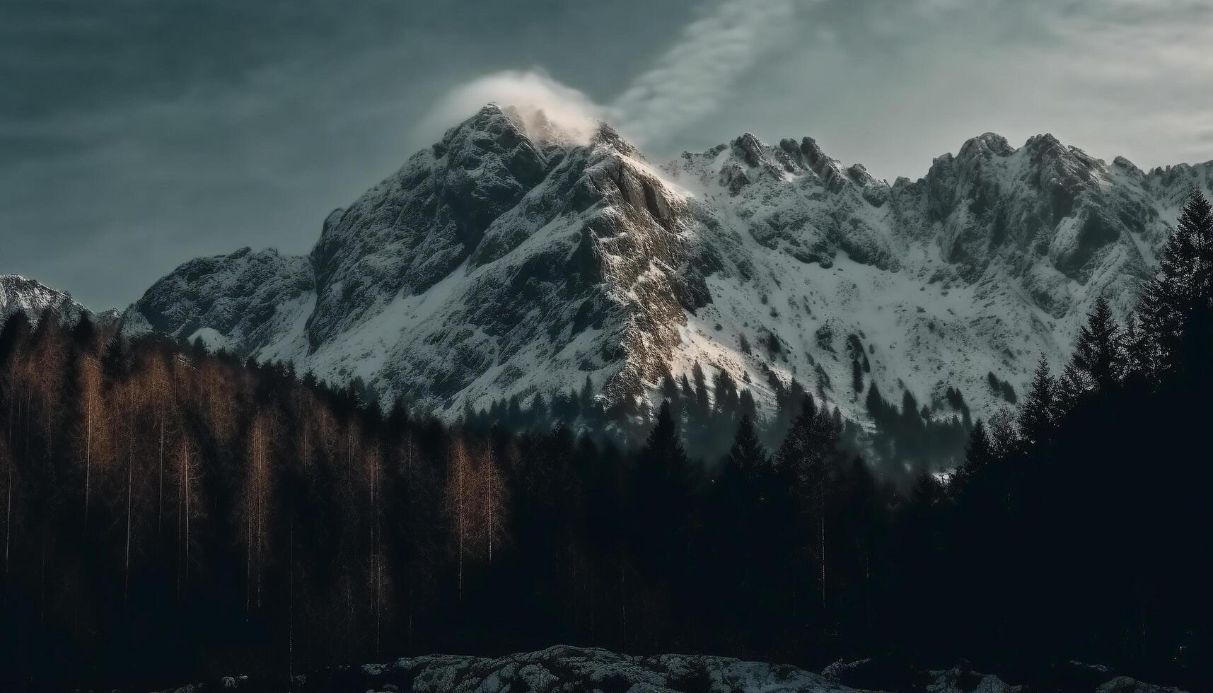 tranquilo oscuridad en majestuoso dolomitas, desierto aventuras en extremo terreno generado por ai foto