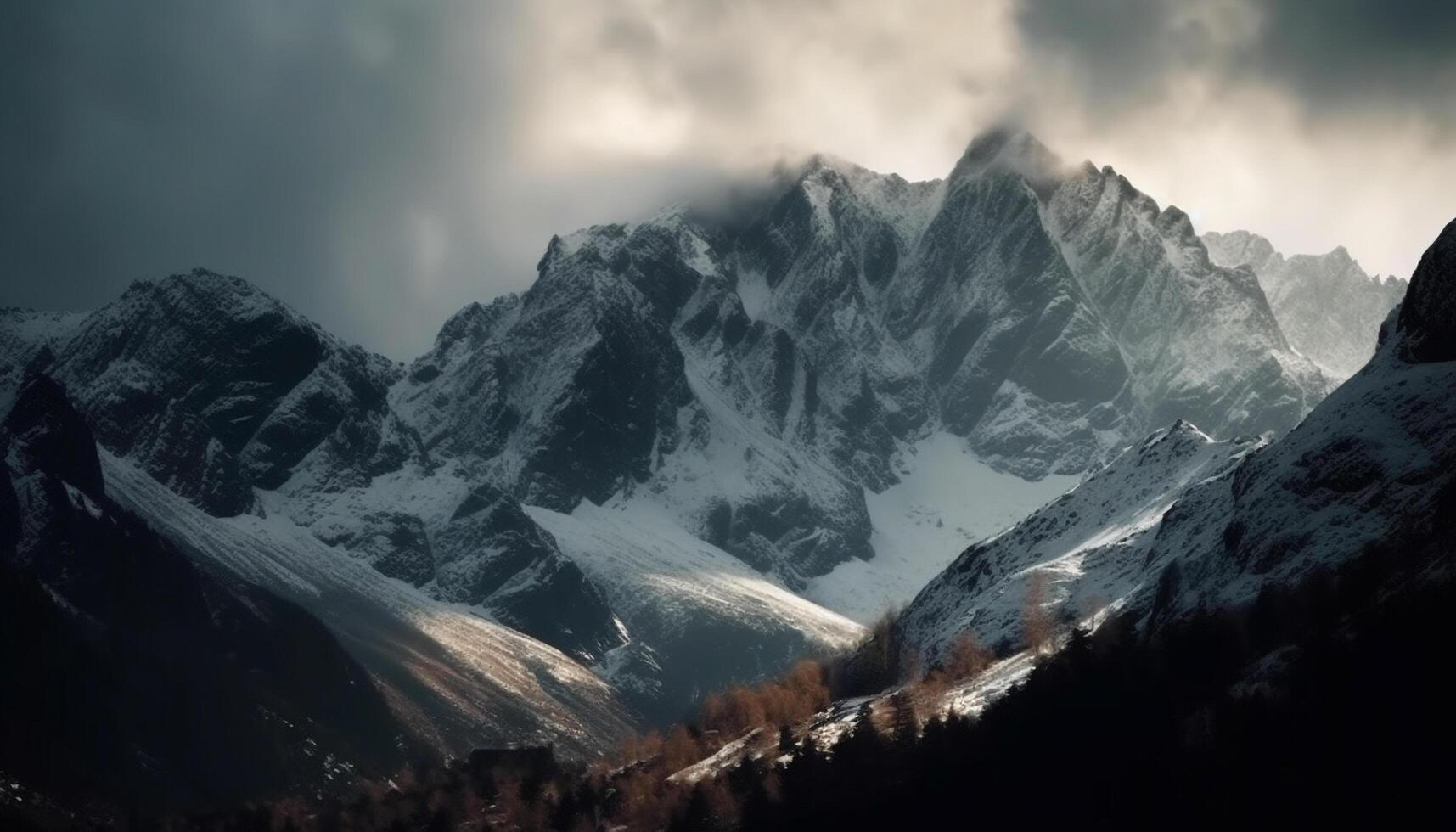 tranquilo montaña prado, majestuoso cima, extremo terreno, invierno aventuras generado por ai foto