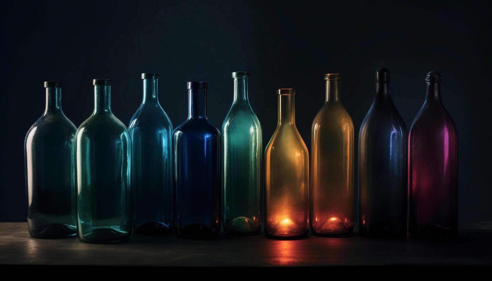 Multi colored wine bottle collection in a row on transparent background generated by AI photo