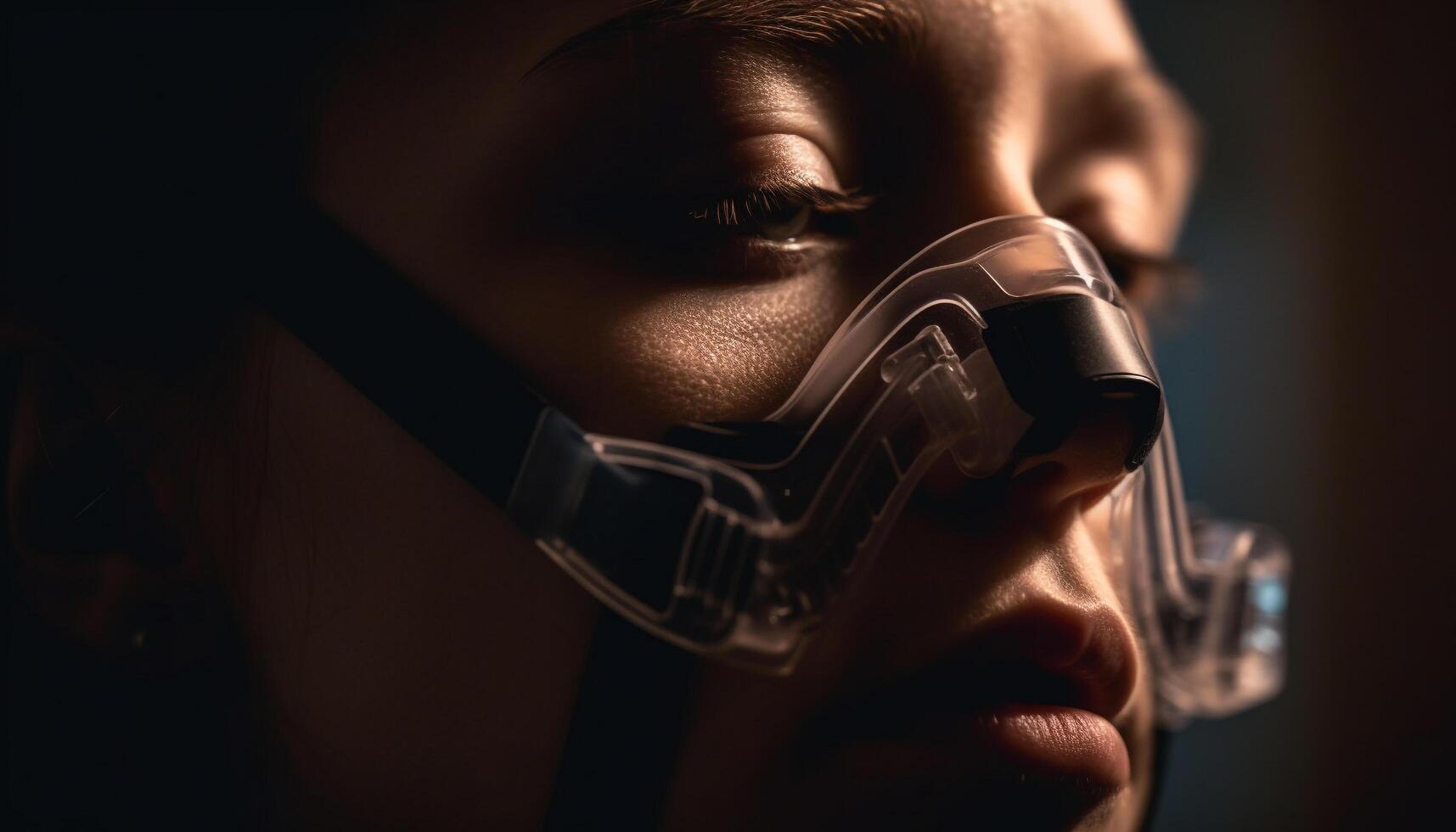 Beautiful young woman wears protective mask in futuristic movie scene generated by AI photo