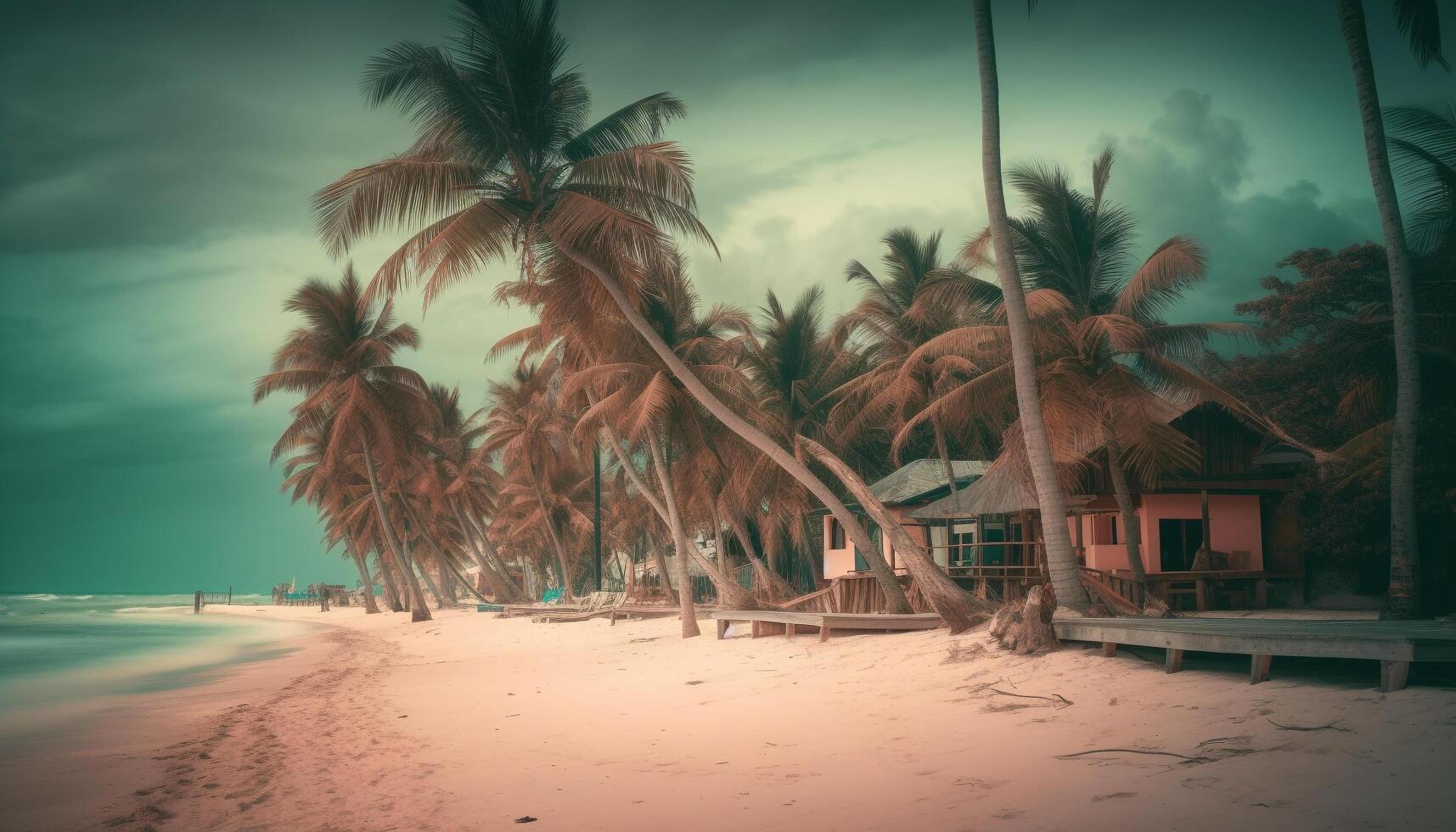 Idyllic Caribbean landscape palm trees, blue waters, tranquil sunset relaxation generated by AI photo