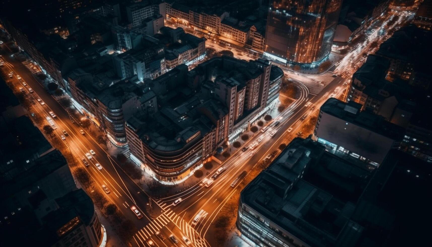 ciudad horizonte iluminado por coche luces a noche prisa hora generado por ai foto