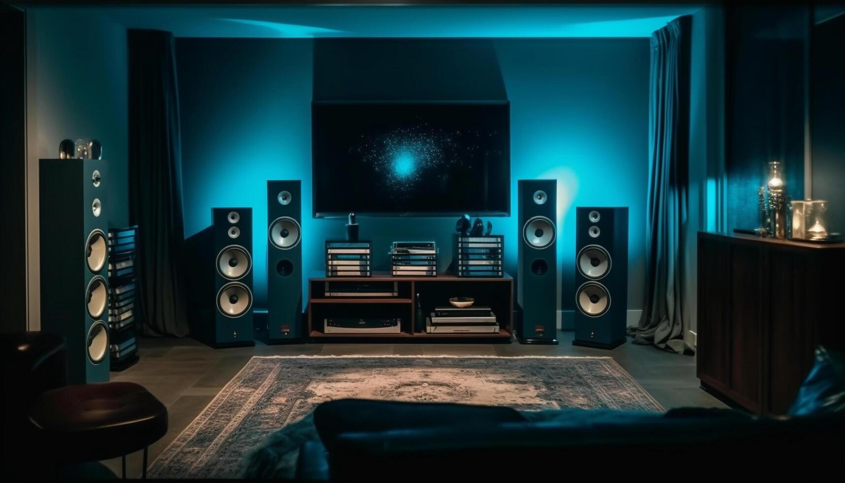 Electricity illuminates modern man cave with rock music performance equipment generated by AI photo