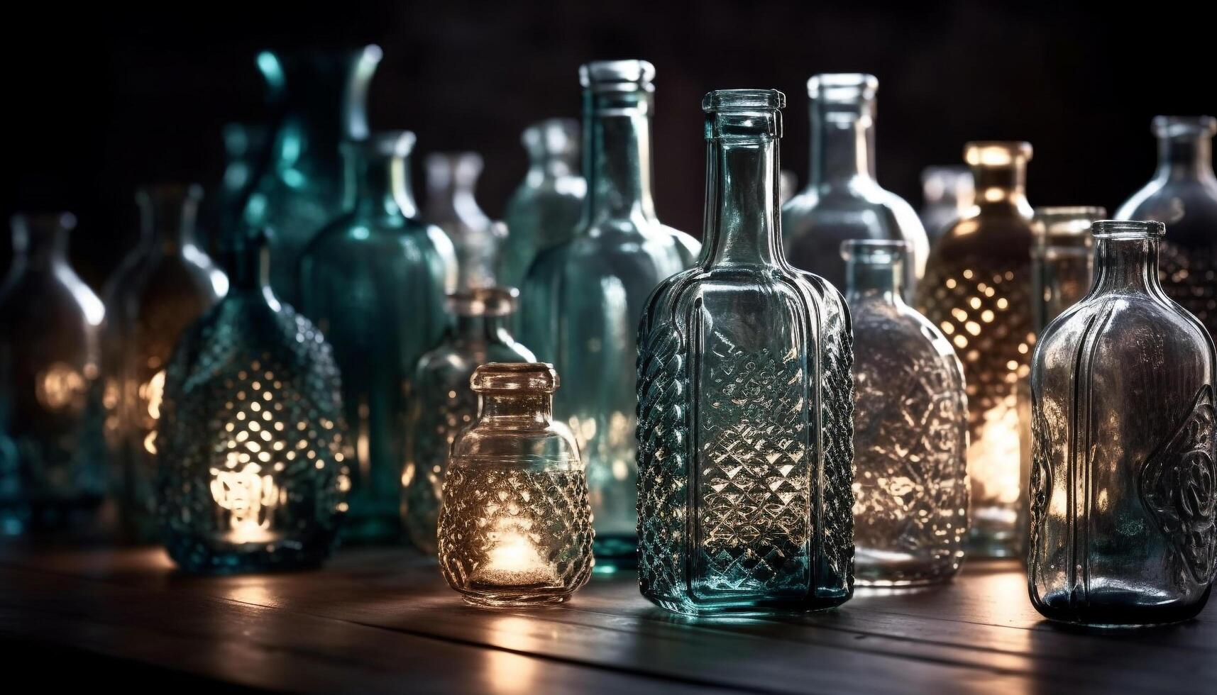 Old bottle of whiskey on wooden table with empty drinking glass generated by AI photo