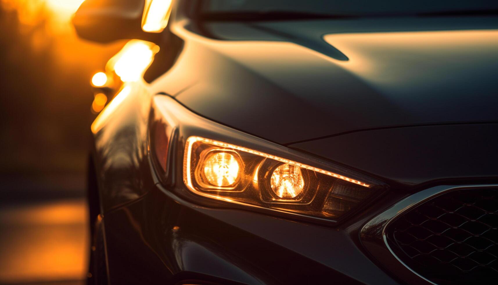 Luxury sports car driving through city at dusk, illuminated headlights generated by AI photo