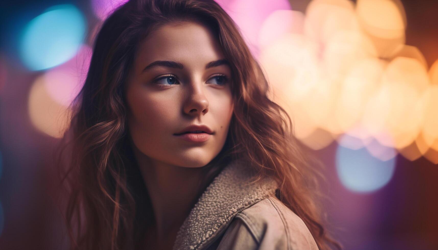 Young adult woman with brown curly hair looking at camera generated by AI photo