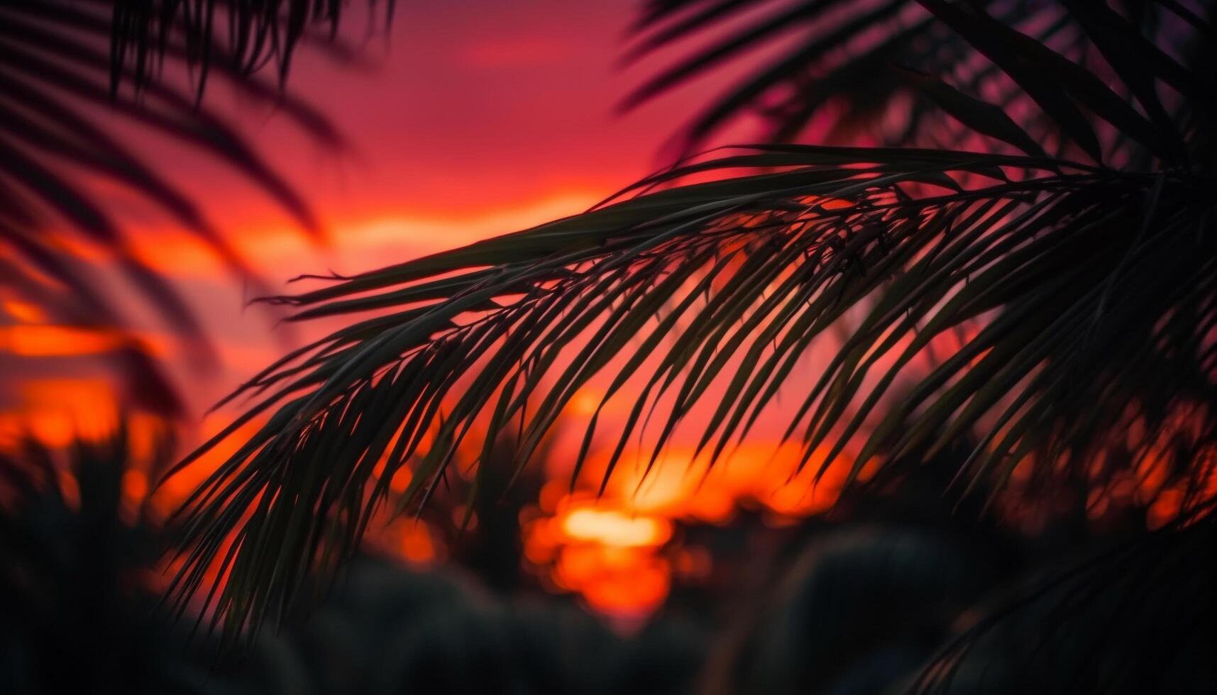 Vibrant sunset silhouettes palm tree in tranquil tropical paradise generated by AI photo