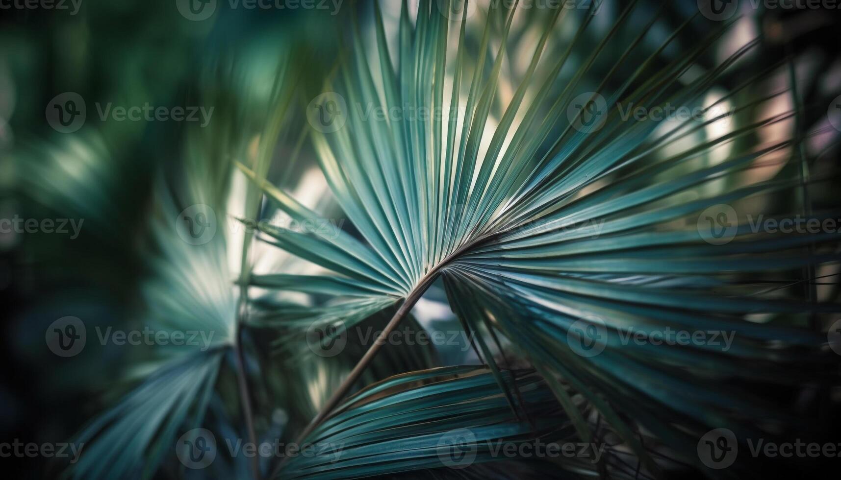 Vibrant tropical foliage in abstract pattern against bright blue backdrop generated by AI photo