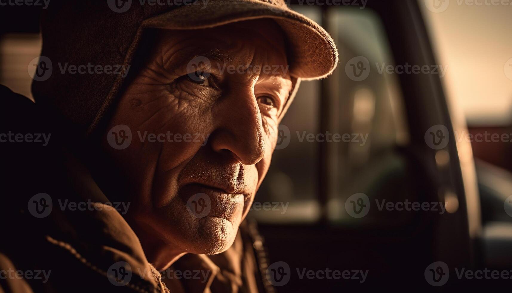 Senior man driving car, looking at camera with serious expression generated by AI photo
