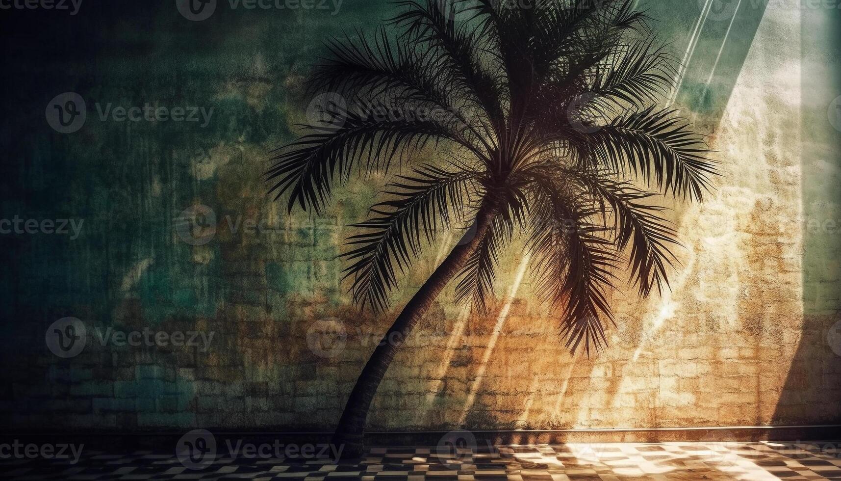 Tropical palm tree backdrop with sunset, green foliage and sunlight generated by AI photo