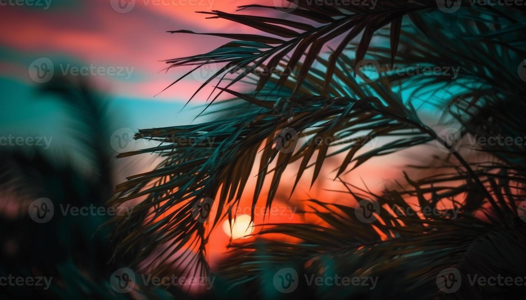 Tranquil dusk, palm tree silhouettes against vibrant orange sunset generated by AI photo