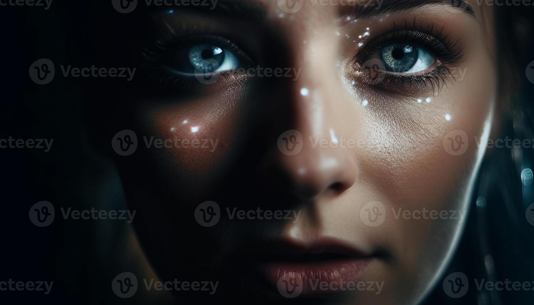 Beautiful young woman with dark wet hair staring sensually ahead generated by AI photo