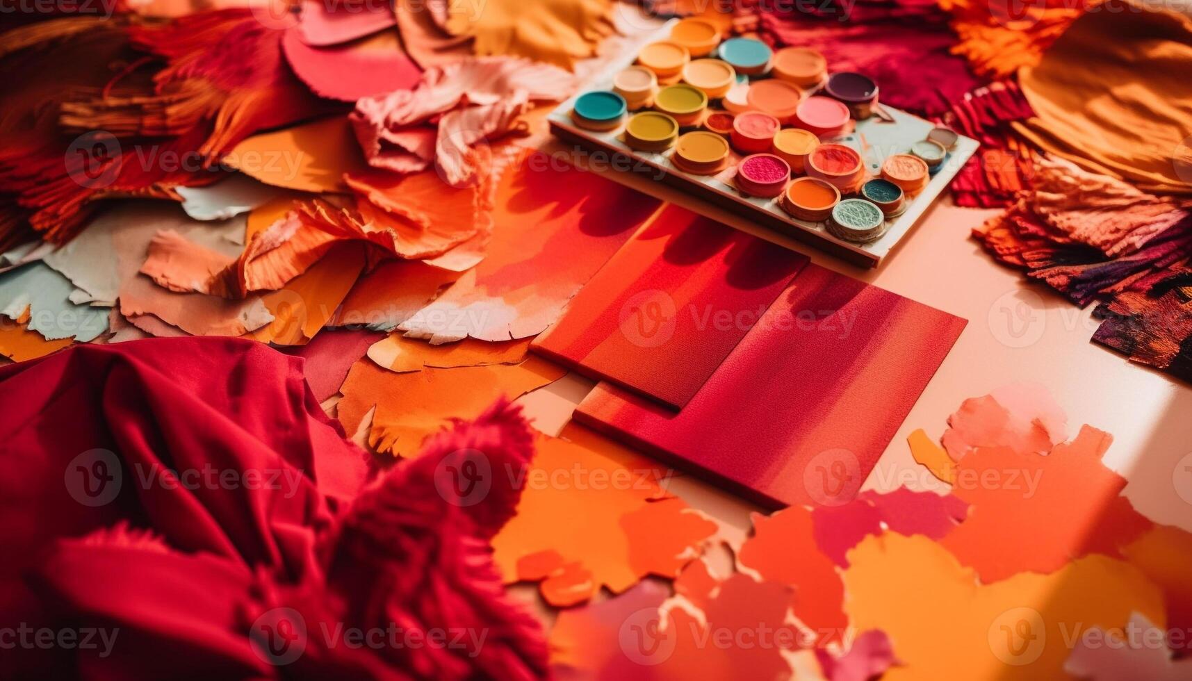 Vibrant colors of autumn leaves decorate the table with creativity generated by AI photo