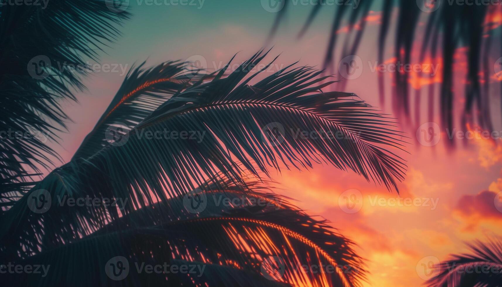 Silhouette of palm tree against orange Caribbean sunset, tropical heaven generated by AI photo